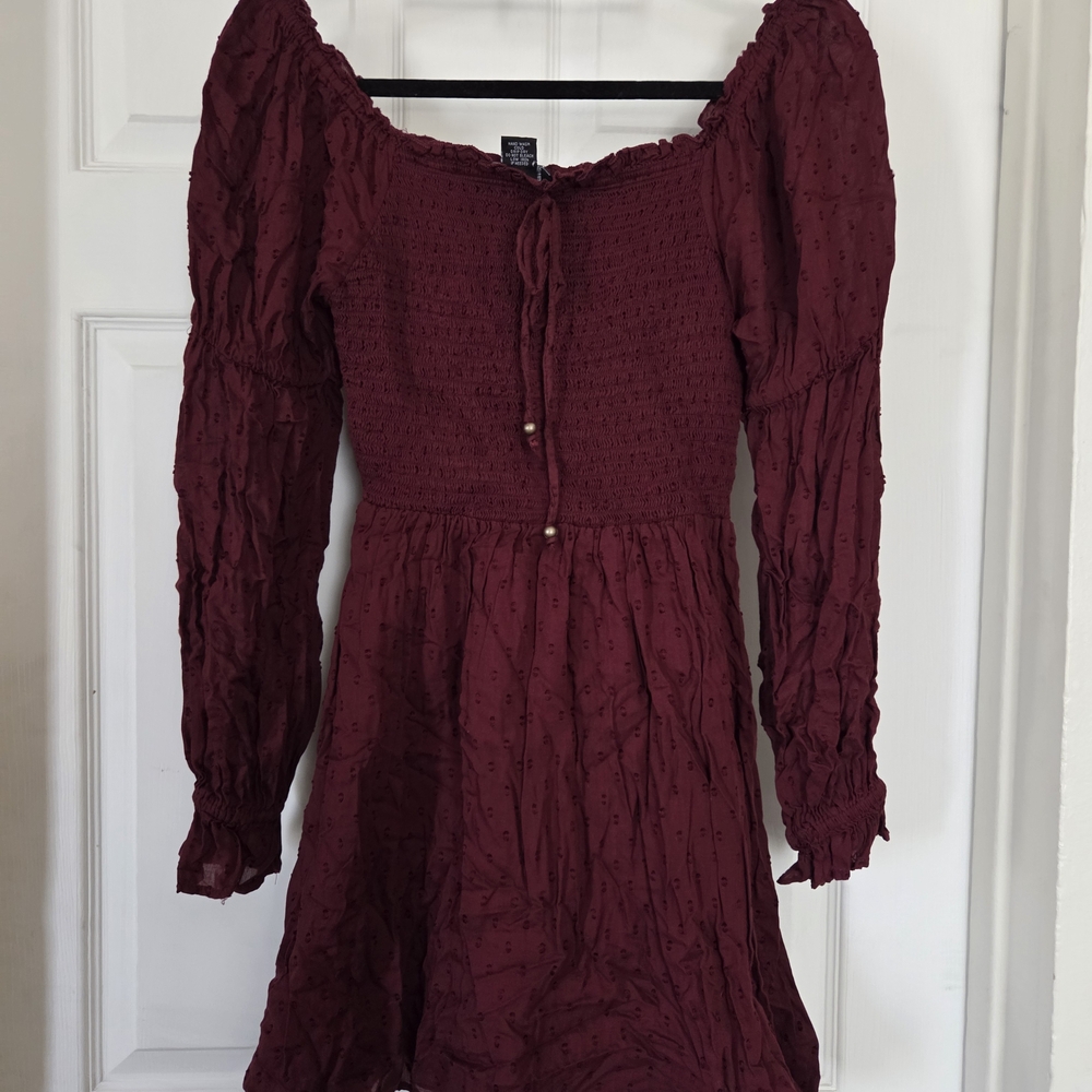 Angie Burgundy Long Sleeve Smocked Mini Dress